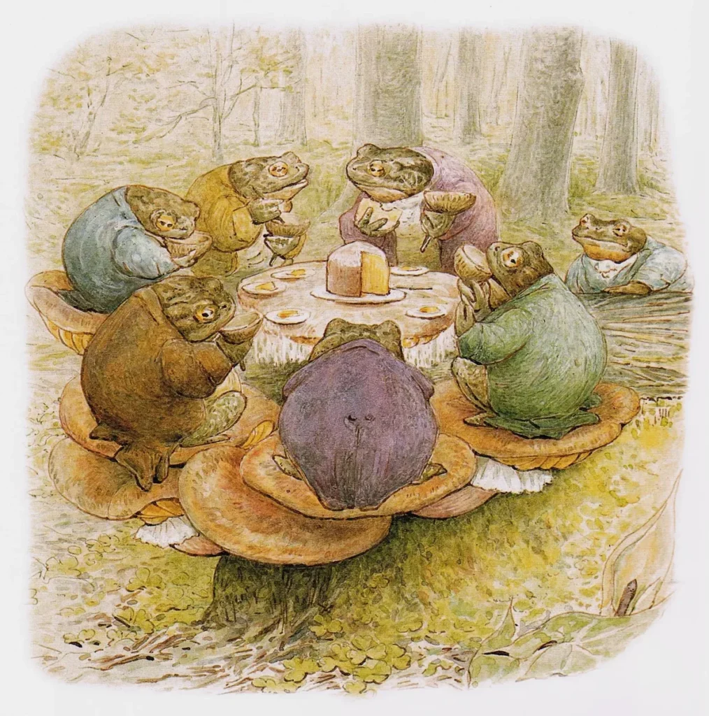 Watercolor painting by Beatrix Potter depicting toads dressed in clothing having a tea party