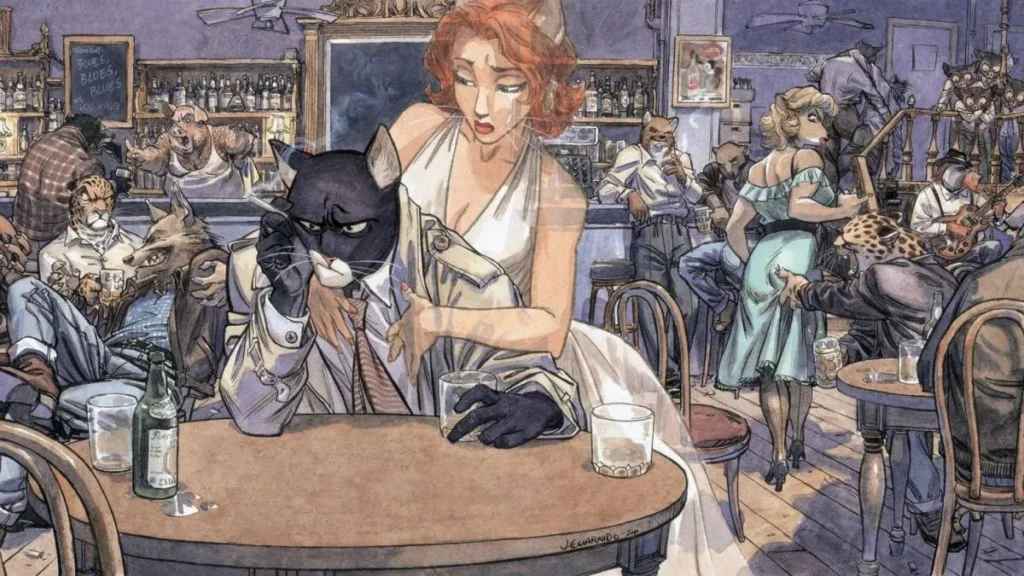 Watercolor illustration from Blacksad graphic novel by Juanjo Guarnido, showing anthropomorphic animal characters in a noir setting