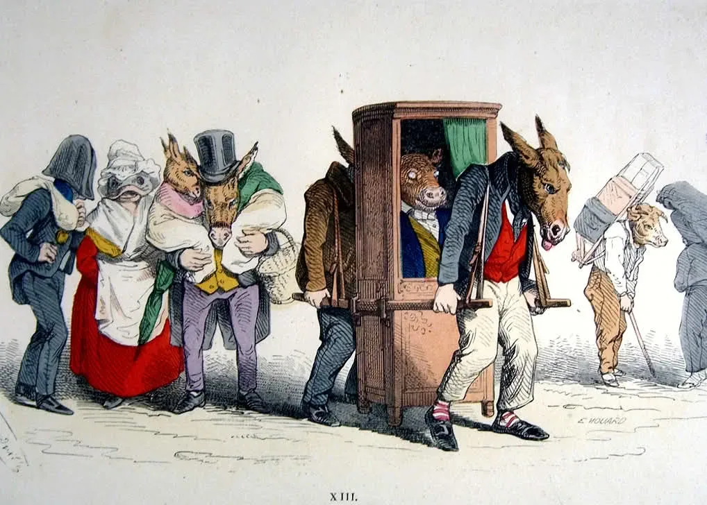 Colored lithograph by J.J. Grandville showing figures with animal heads in human clothes satirizing Parisian society