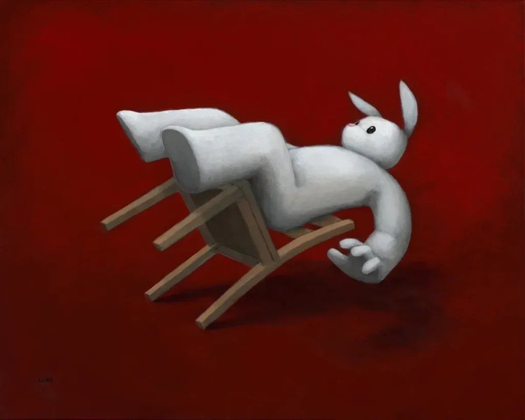 Oil painting by Luke Chueh showing a white bear figure in a minimal pop surrealist composition