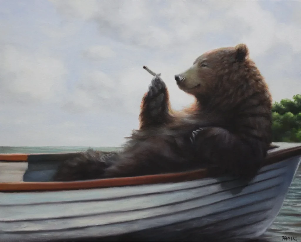Oil painting by Richard Ahnert depicting a bear in human clothing with realistic brushwork and warm tones