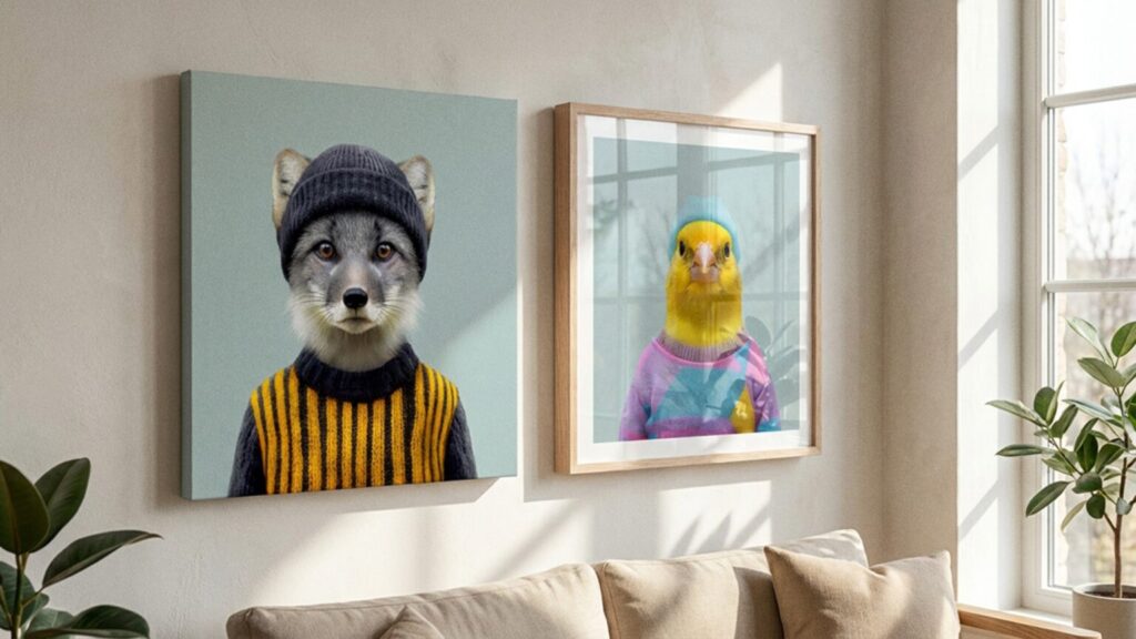 Art print on a wall showing how natural light from a window affects the viewing experience