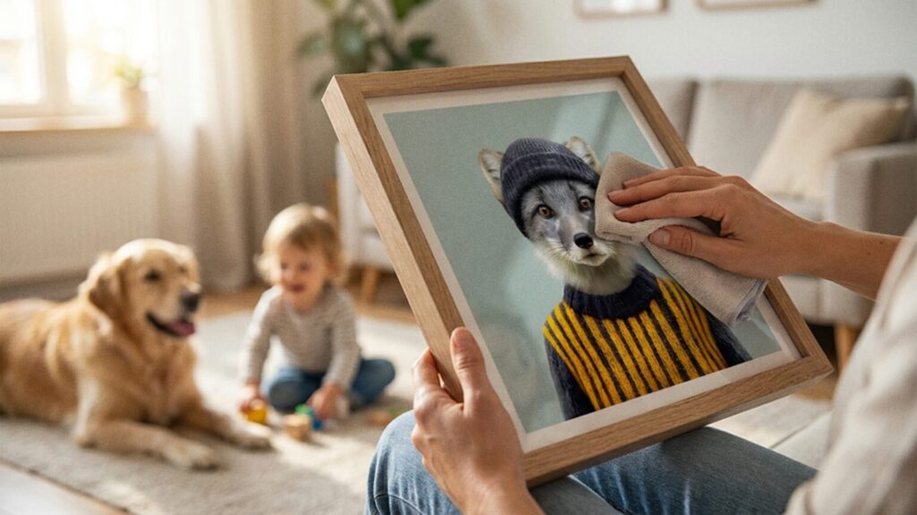 Close-up of someone cleaning the acrylic front of a framed poster with a microfiber cloth