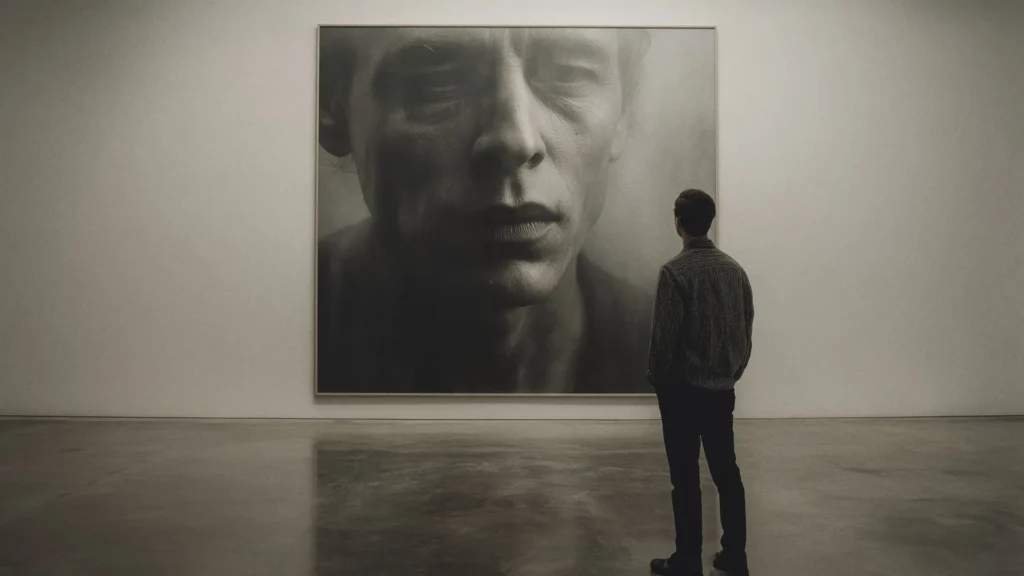 Monumental-scale animal portrait in a gallery setting, showing the visual impact of large format artwork