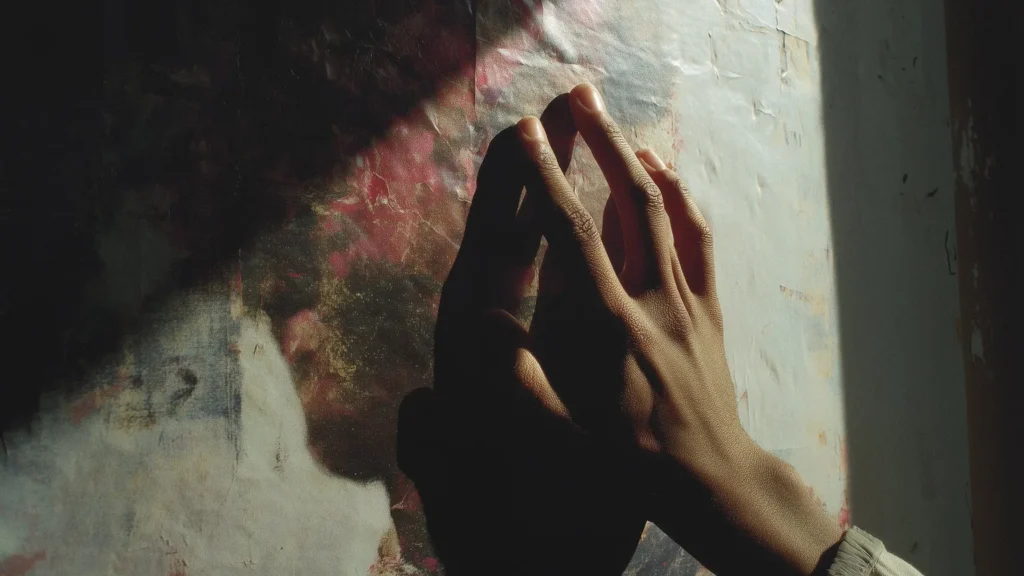 Close-up detail of a large format portrait showing visible collage layers and painted transitions