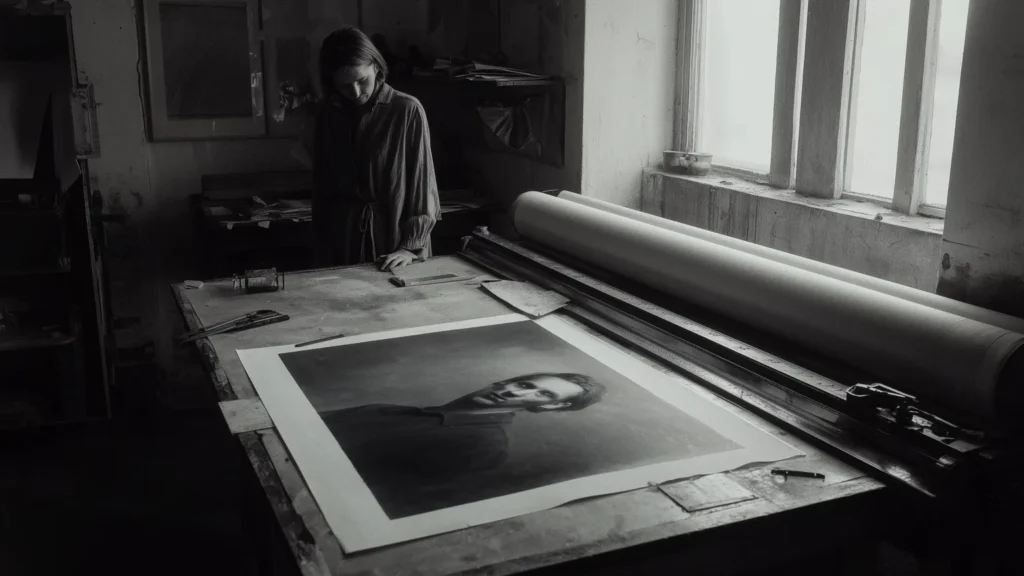 Artist workbench with large format prints, color swatches and production materials spread across the surface