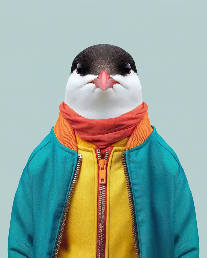 Front-facing portrait of Hakon, an adult male arctic tern with a black cap, white cheeks and a coral-red bill, his dark eyes set on either side of his head. He wears a coral neck gaiter over an orange turtleneck, a yellow zip-up sweatshirt and a teal bomber jacket. Plain gray-green background.