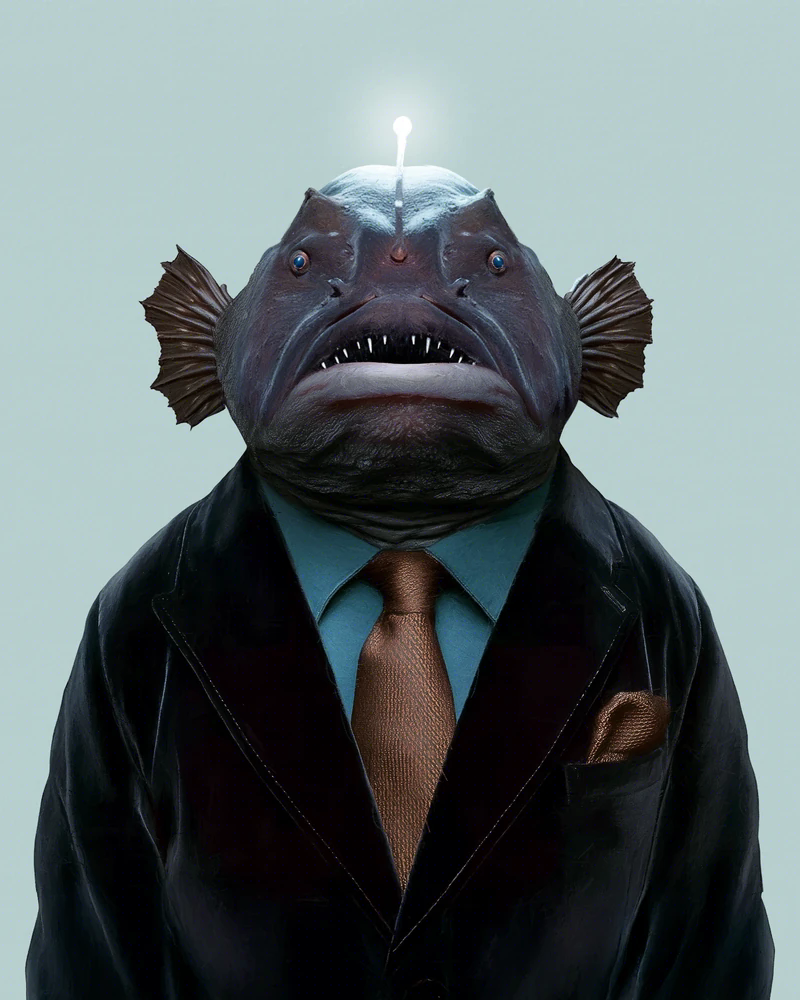 Front-facing portrait of Naoko, an adult female anglerfish with skin so dark it is almost black, a wide mouth with fine teeth showing and small bluish eyes set on either side of her head. Above her head she carries the filament with the lit esca, a point of white light. She wears a black narrow-lapel blazer, a petrol-blue shirt, a copper satin tie and a matching pocket square. Plain grey-green background.