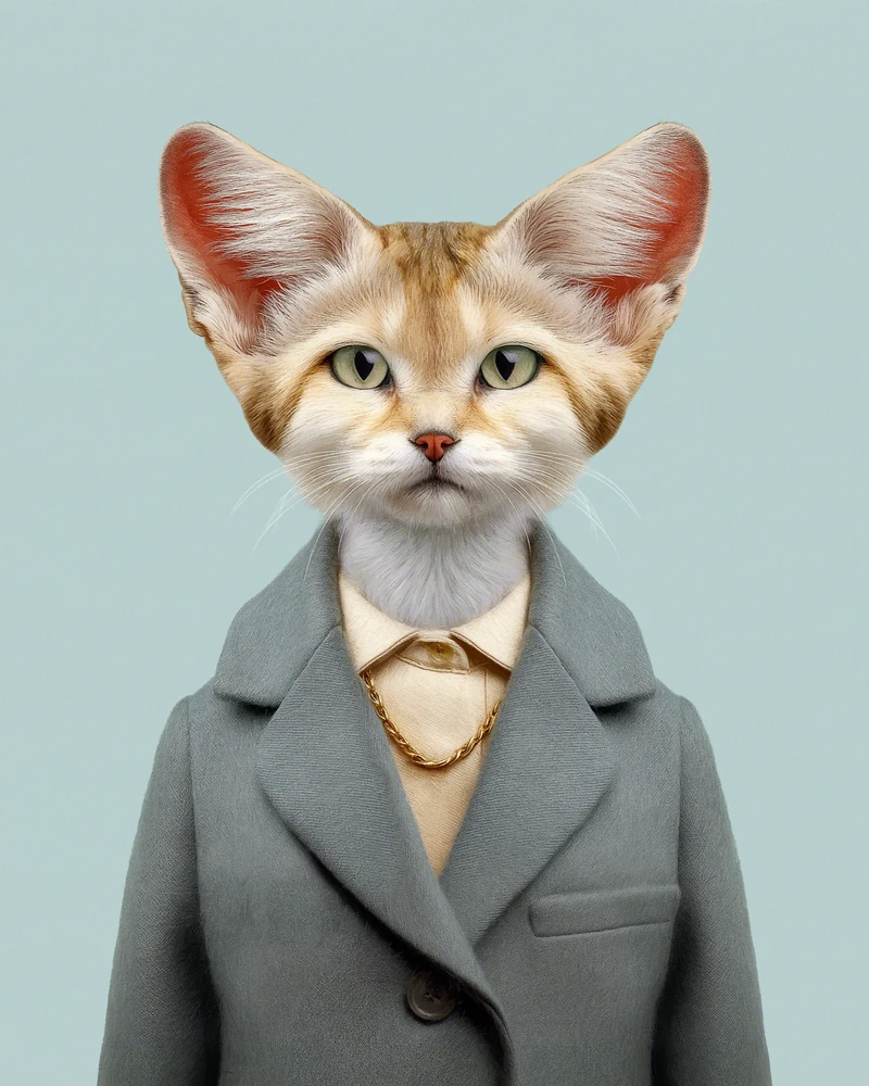 Front-facing portrait of Tiziri, an adult female sand cat, with sand-colored fur and very large, low-set ears, wearing a sage-green wool coat, a cream shirt, and a thin gold chain, against a plain teal-blue background.