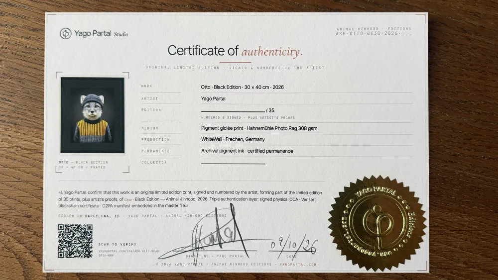 Hand-signed physical COA · embossed gold seal, handwritten signature and numbering, Verisart QR · Hahnemühle Photo Rag