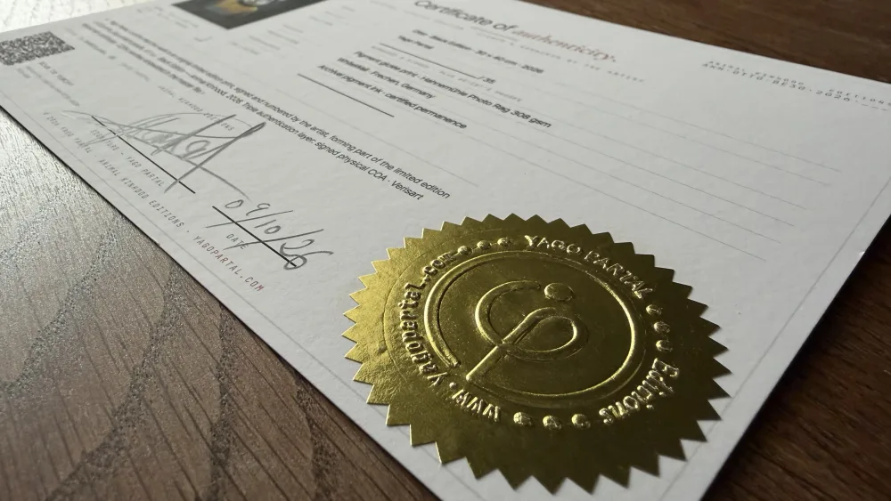 Detail of the embossed gold seal applied by hand on the COA · 40 mm diameter