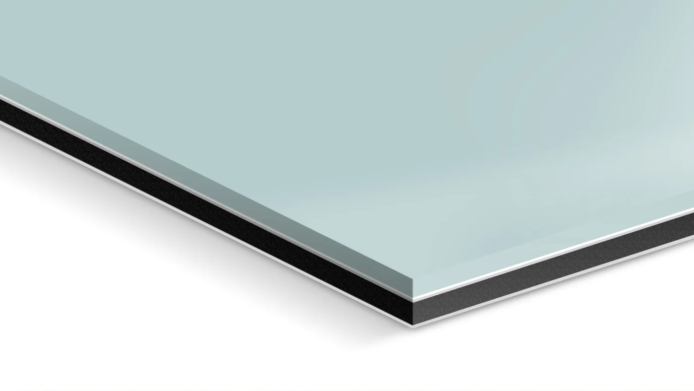 Sección del montaje acrílico mate · capas de acrílico y Dibond aluminio
